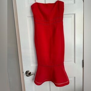 Red Strapless Ruffled Knee-Length Dress